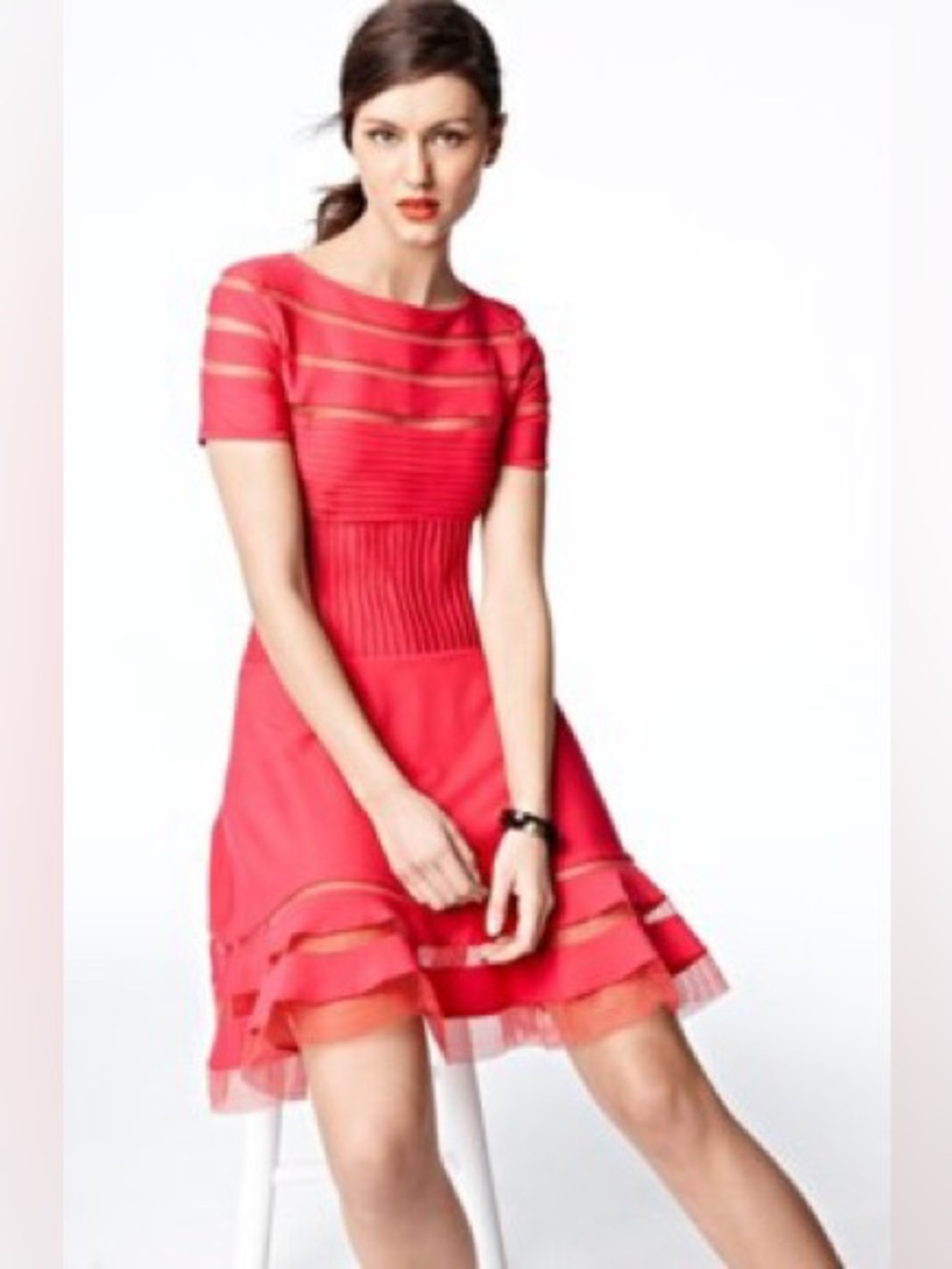 Tadashi Shoji Fit and Flare Mesh Insert Berry Red Short Sleeve Dress Sz Medium
